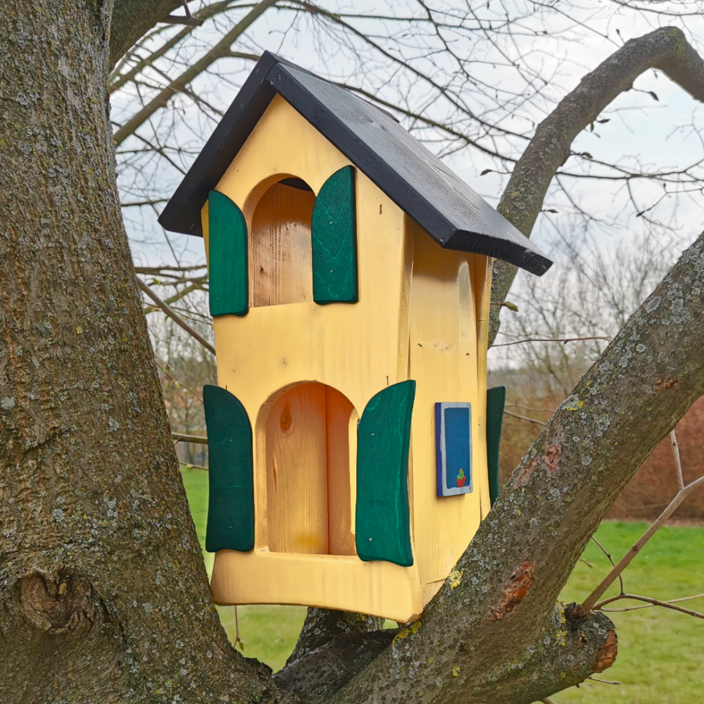 Großes Vogelhaus aus Holz, handgefertigt aus WfbM-Produktion, 25 x 19 x 41cm, blau