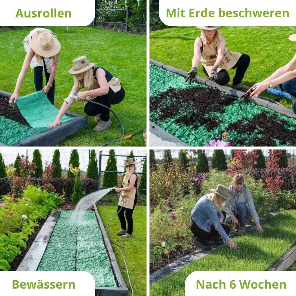 GrassProtecta® Premium Rasengitter, 1x10m-Rolle plus 100 Befestigungspins und 10m² TURFquick Rasenmatte