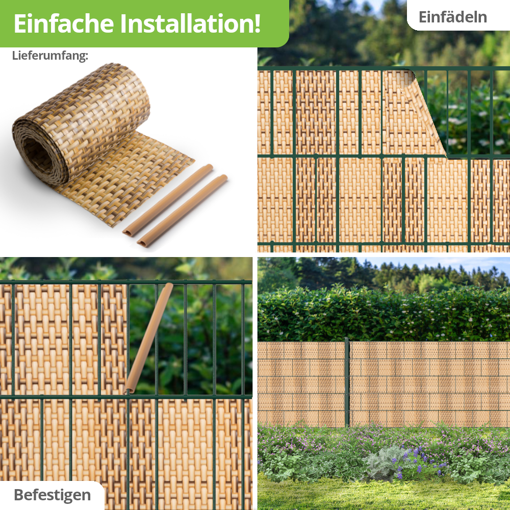 Rattan Sichtschutz-Streifen 255cm x 19cm, inklusive Clips, dunkelgrau