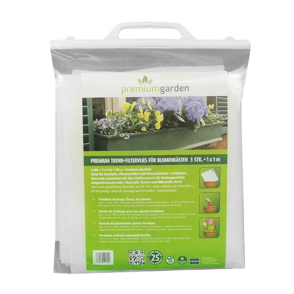 premiumgarden Blumenkastenvlies, 3er Pack Trennvlies/Filtervlies für Pflanzgefäße, (0,9 x 1,15m), weiß