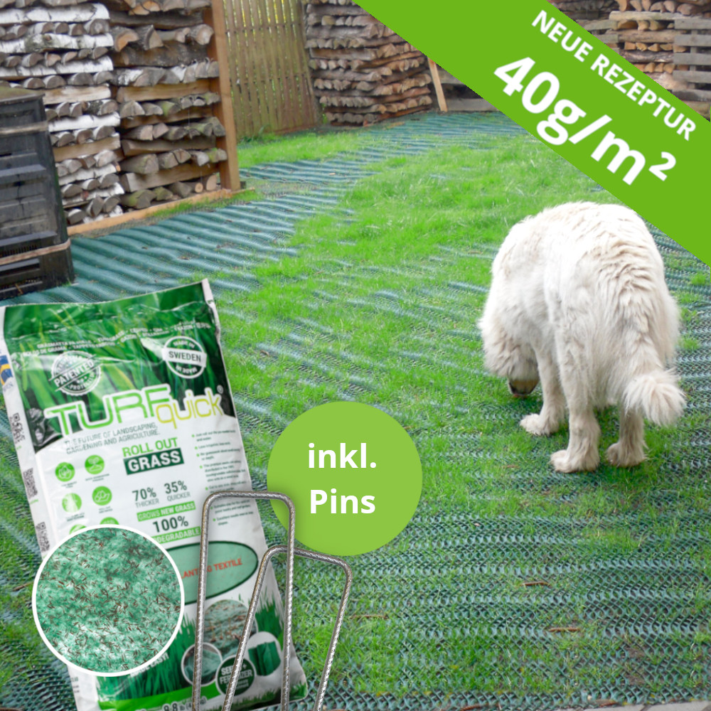 GrassProtecta® Standard, 1x10m Rolle plus  50 Befestigungshaken und 10m² TURFquick Rasenmatte