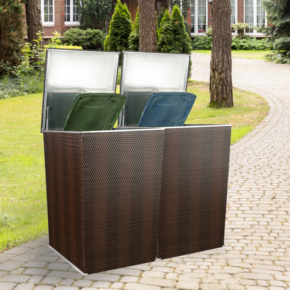 Rattan Mülltonnenbox, Mülltonnenverkleidung, 117x82,5x82,5cm, braun-dunkelbraun