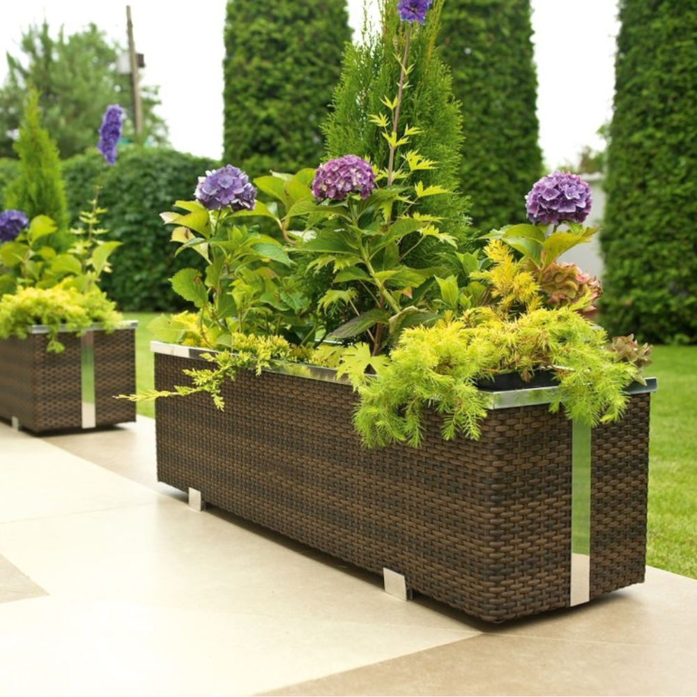 Rattan Pflanzkübel mit Bewässerungssystem, 95cm x 39cm x 43cm, dunkelgrau